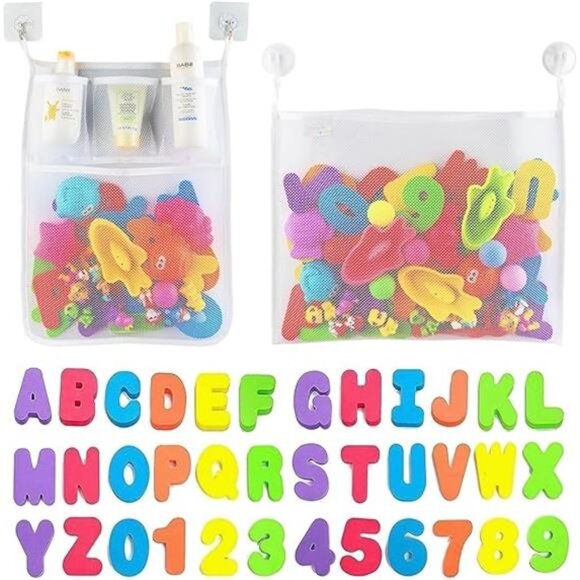 2 x Mesh Bath Toy Organizer + 6 Ultra Strong Hooks + 36 Bath Letters & Numbers - Picture 7 of 7